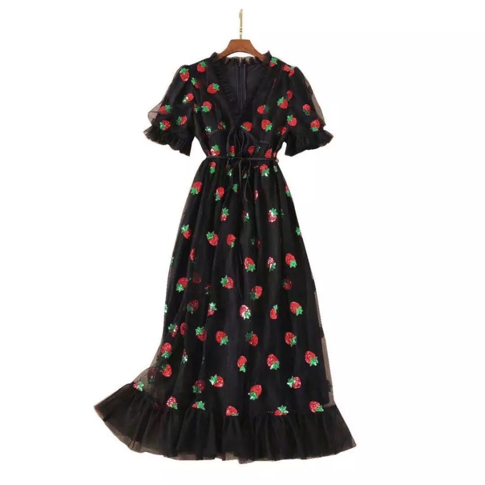 Black tulle dress with sequin strawberries